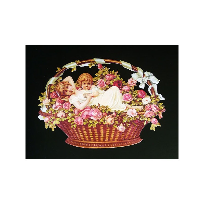 Cromo troquelado gigante y gran grosor alemán de 16 cm. EF BK 5028 · Cesta con Niños y Flores ·