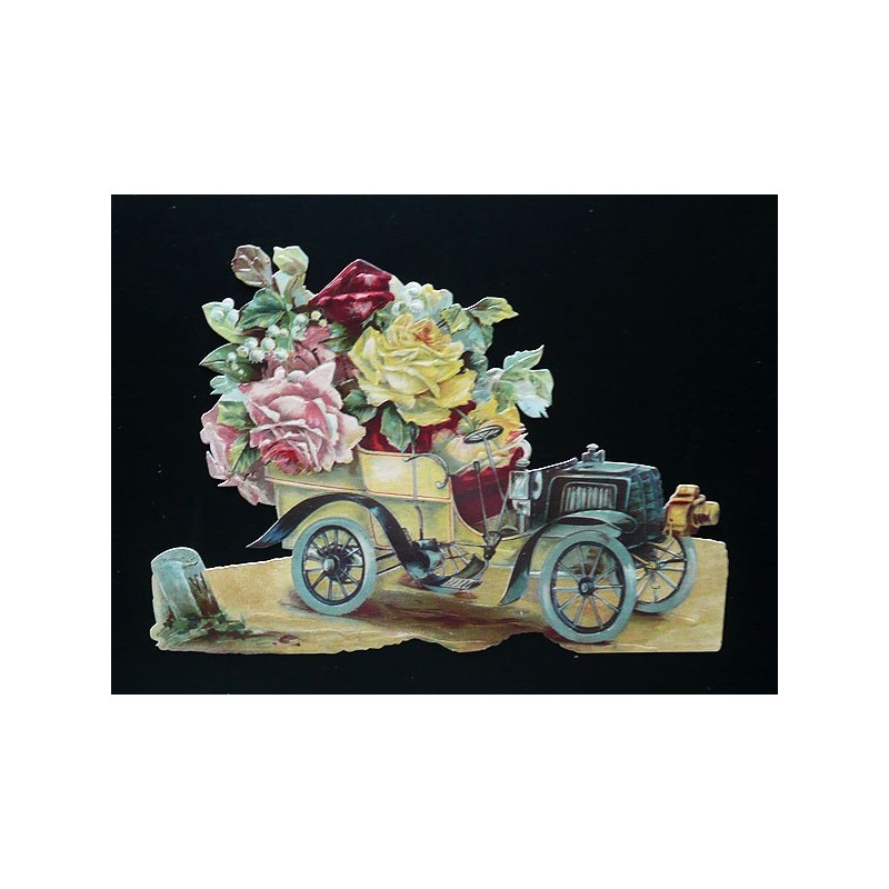 Cromo troquelado gigante y gran grosor alemán de 16 cm. EF BK 5039 · Coche y Flores ·