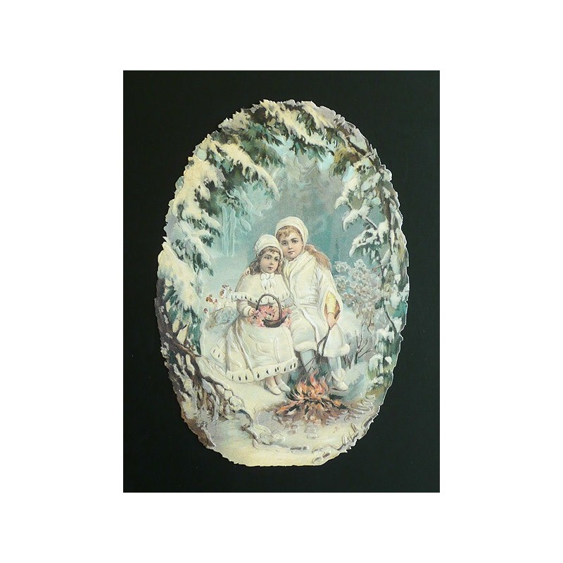 Cromo troquelado gigante y gran grosor alemán de 16 cm. EF BK 5047 · Niñas en Bosque Invernal ·