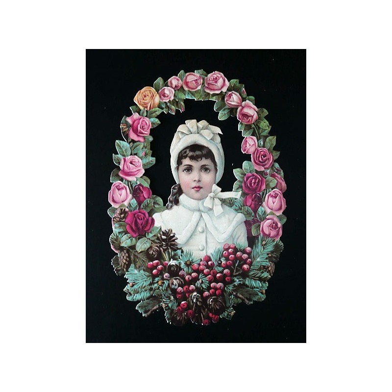 Cromo troquelado gigante y gran grosor alemán de 16 cm. EF BK 5054 · Niña entre Rosas ·