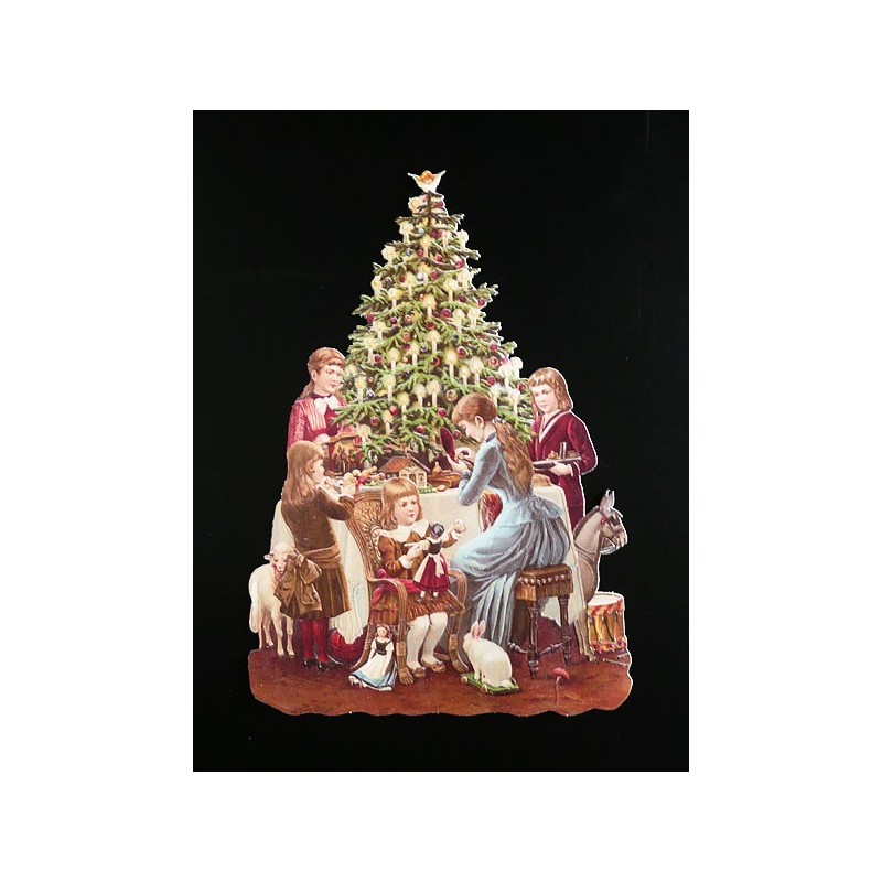 Cromo troquelado gigante y gran grosor alemán de 16 cm. EF BK 5122 · Familia con Arbol de Navidad ·