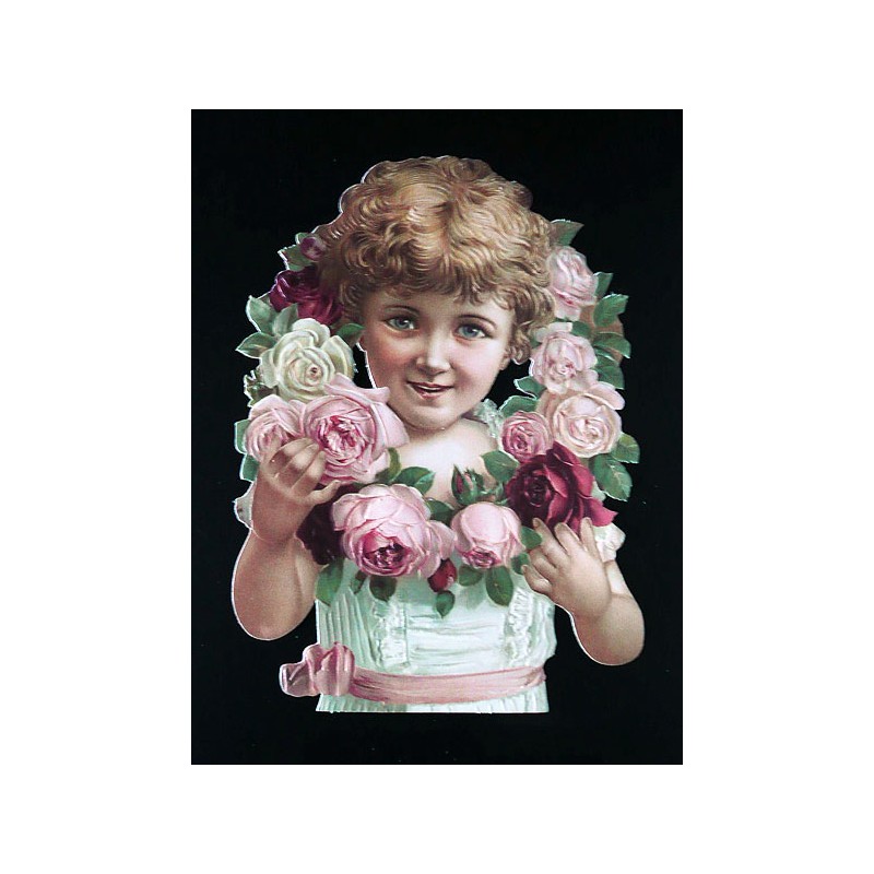 Cromo troquelado gigante y gran grosor alemán de 16 cm. EF BK 5056 · Niña entre Rosas ·