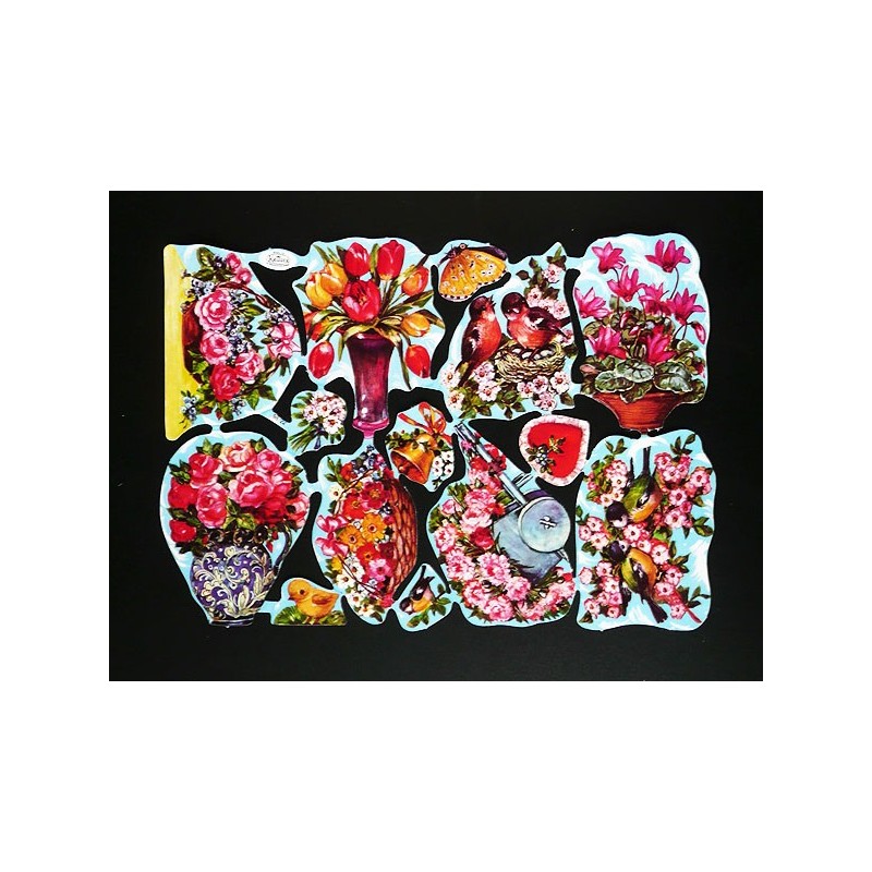 Antigua lámina de cromos troquelados con brillo y relieve Kruger n. 98-22  · FLORES ·