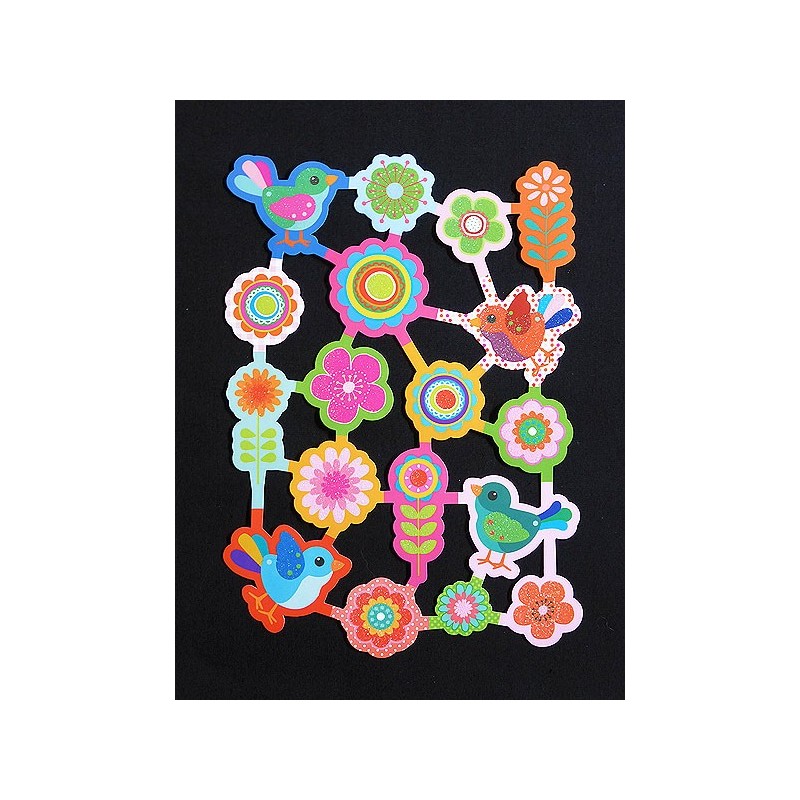 Lámina de cromos troquelados holandeses con brillo y purpurina n. 4  · FLORES Y PÁJAROS ·