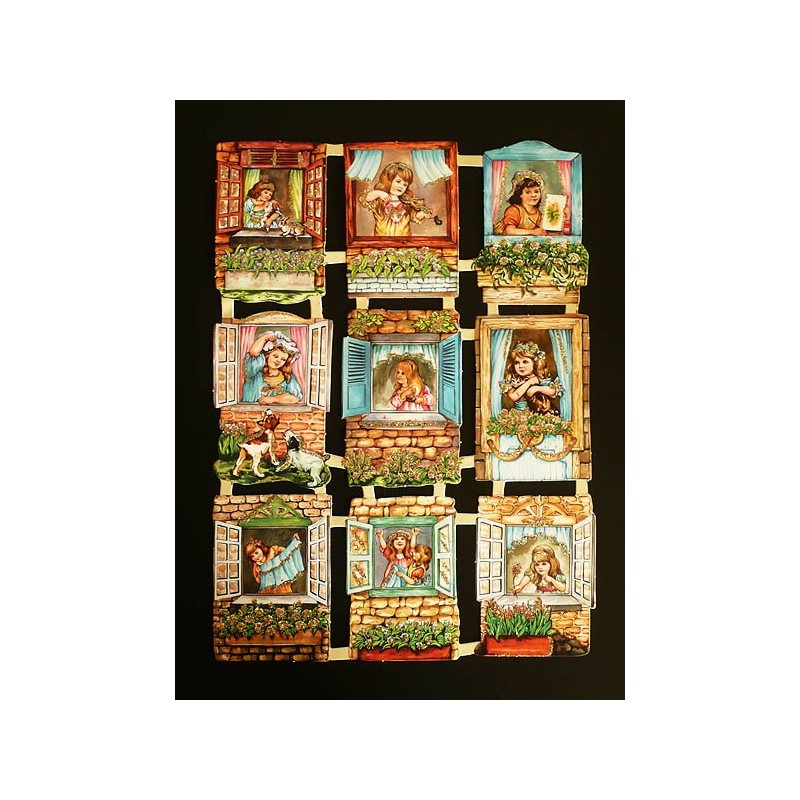 Lámina de cromos troquelados holandeses con brillo y purpurina n. 8  · NIÑAS EN VENTANALES  ·