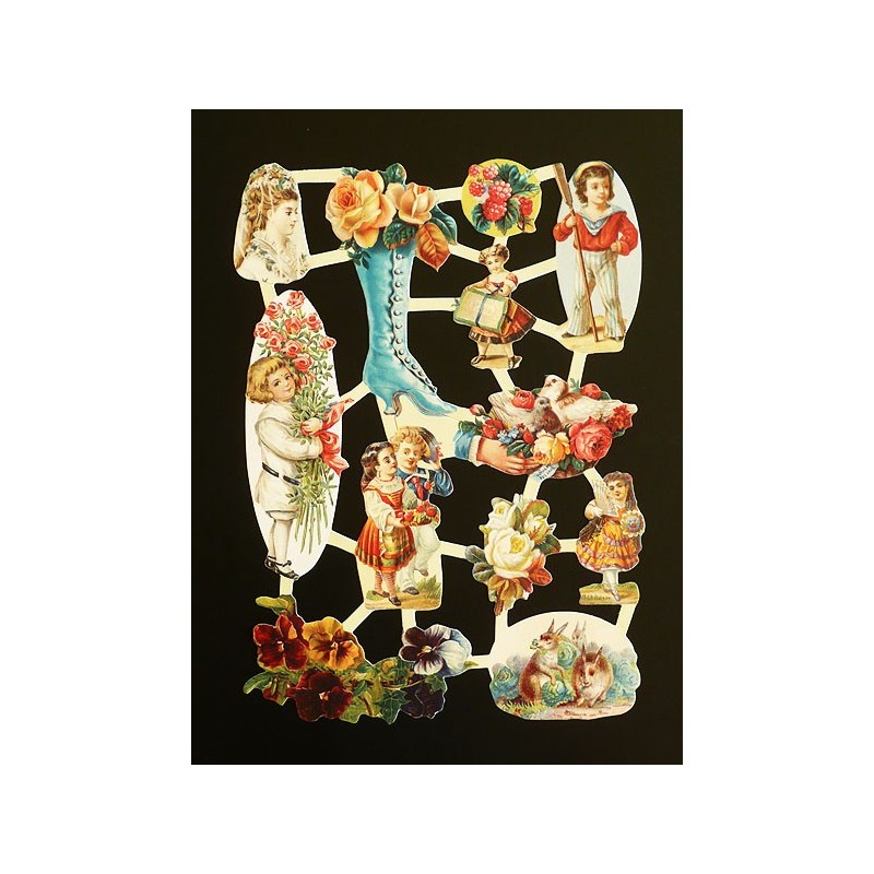Lámina de cromos troquelados holandeses con brillo n. 1  · NIÑOS VICTORIANOS Y FLORES ·