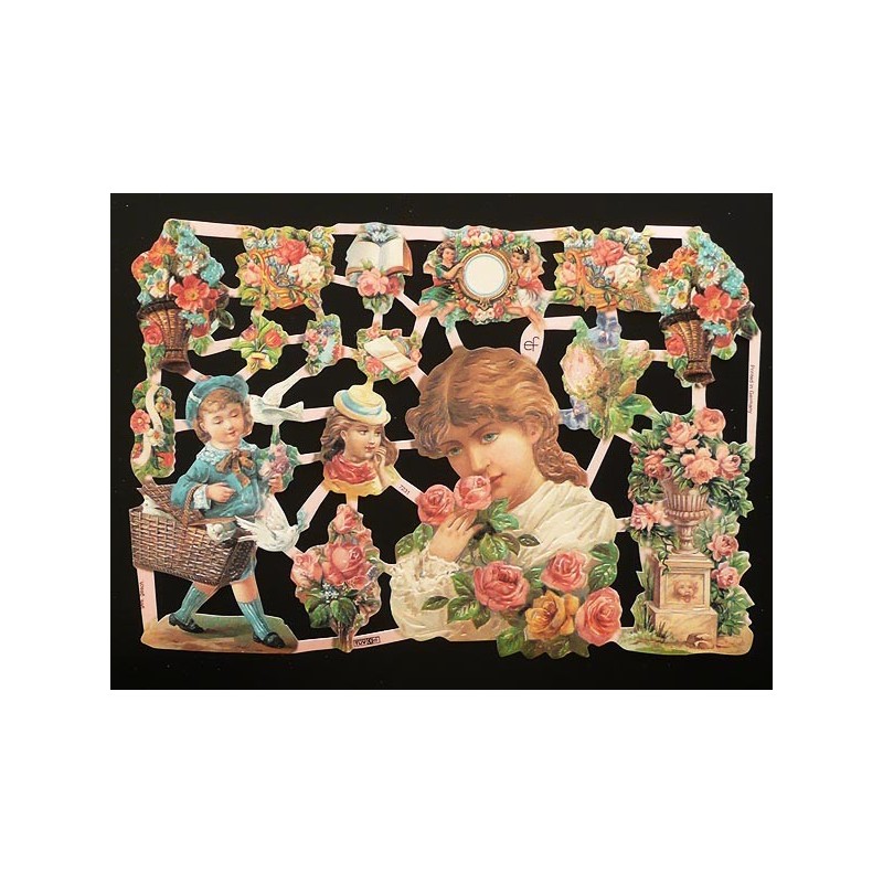Lámina de cromos troquelados alemanes EF 7231 · Niños Victorianos y Flores ·