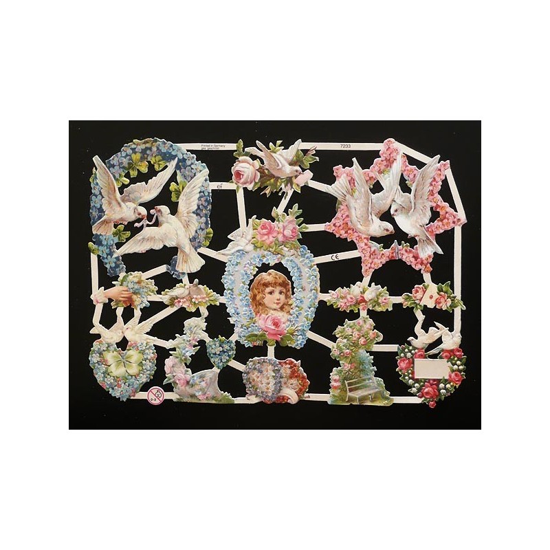 Lámina de cromos troquelados alemanes EF 7233 · Palomas y Flores ·