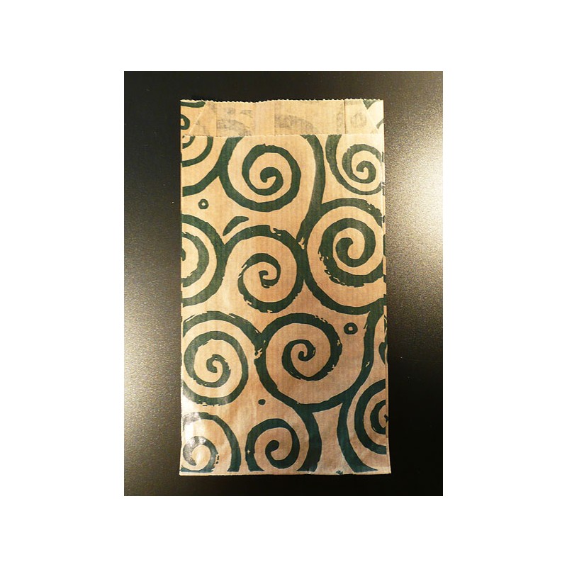 9 x 16 cm. 25 Bolsas de papel kraft estampadas espirales verdes con fuelles laterales. Mil usos.