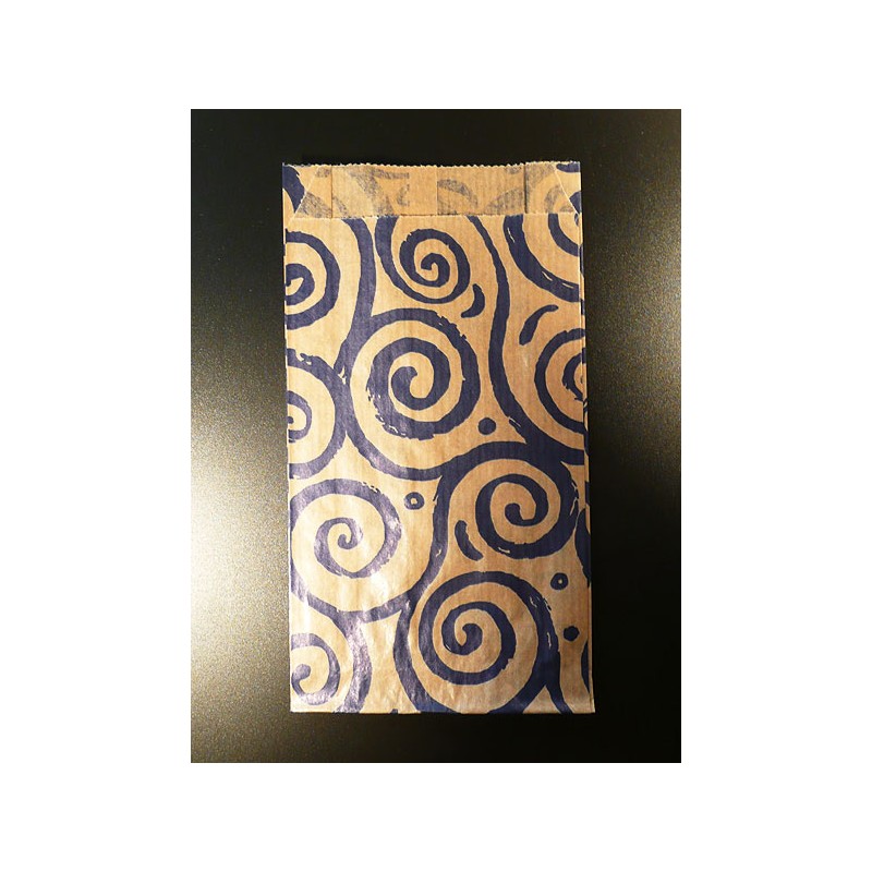 9 x 16 cm. 25 Bolsas de papel kraft estampadas espirales azules con fuelles laterales. Mil usos.