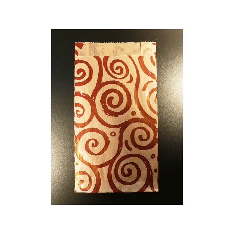9 x 16 cm. 25 Bolsas de papel kraft estampadas espirales rojas con fuelles laterales. Mil usos.