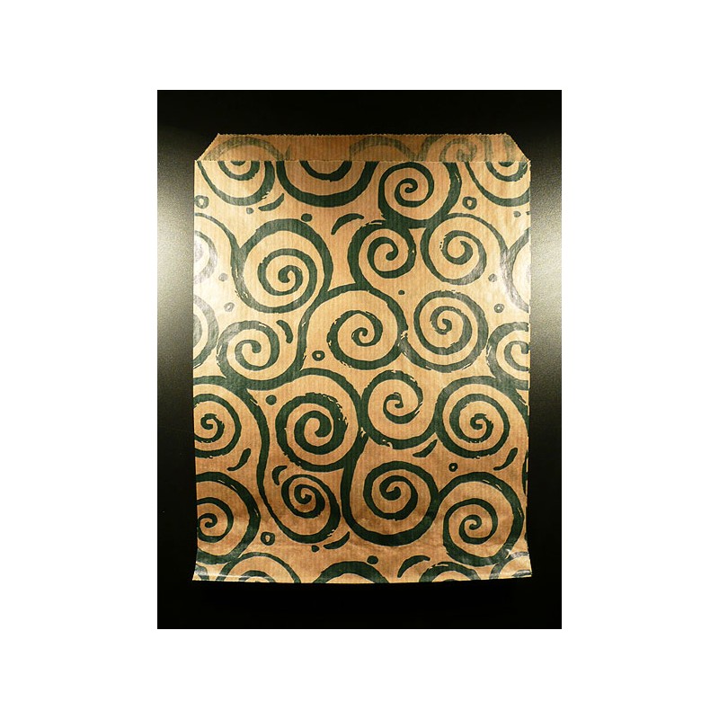 16 x 21 cm. 15 Bolsas de papel kraft estampadas espirales verdes. Mil usos.