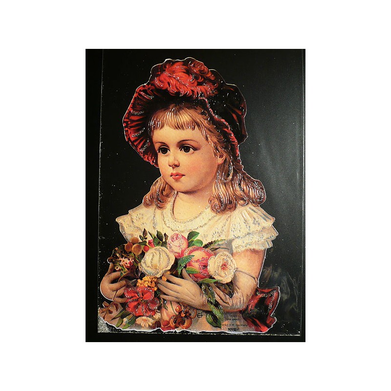 Lámina de cromos troquelados alemanes EF 7063 · Niña Victoriana · Purpurina – Brillantina !