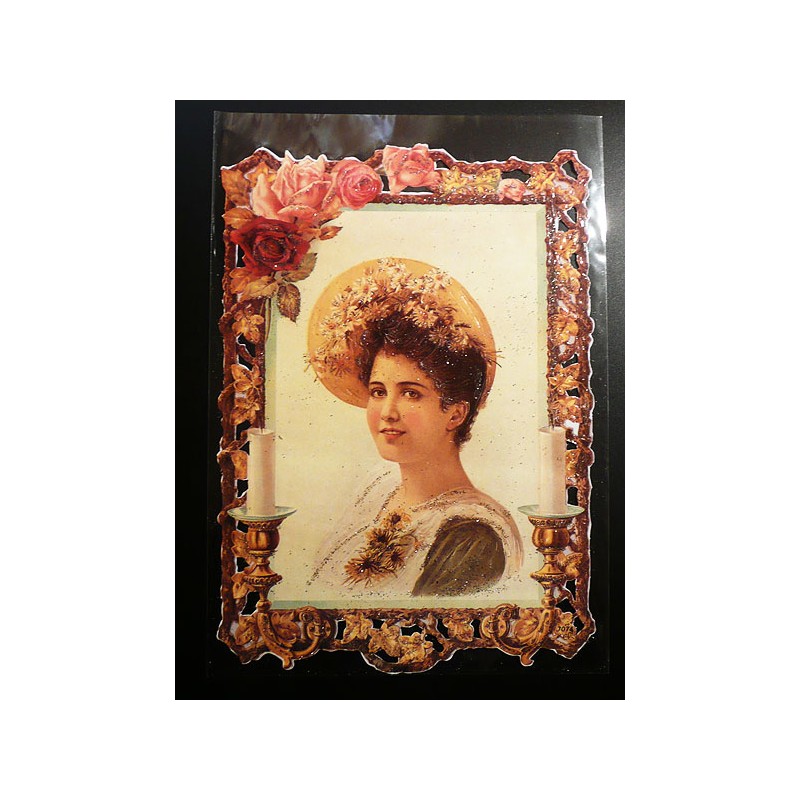 Lámina de cromos troquelados alemanes EF 7074 · Dama con Flores · Purpurina – Brillantina !