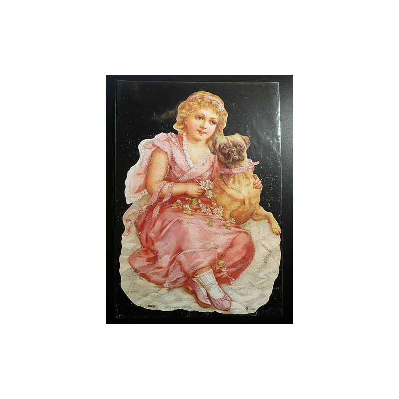 Lámina de cromos troquelados alemanes EF 7097 · Dama con Perro · Purpurina – Brillantina !