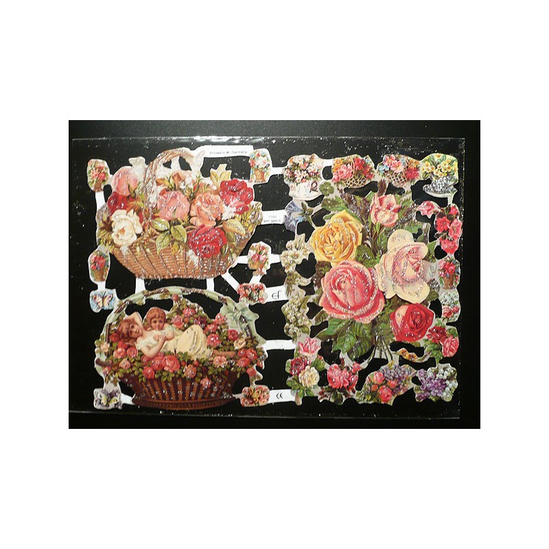Lámina de cromos troquelados alemanes EF 7098 · Flores · Purpurina – Brillantina !