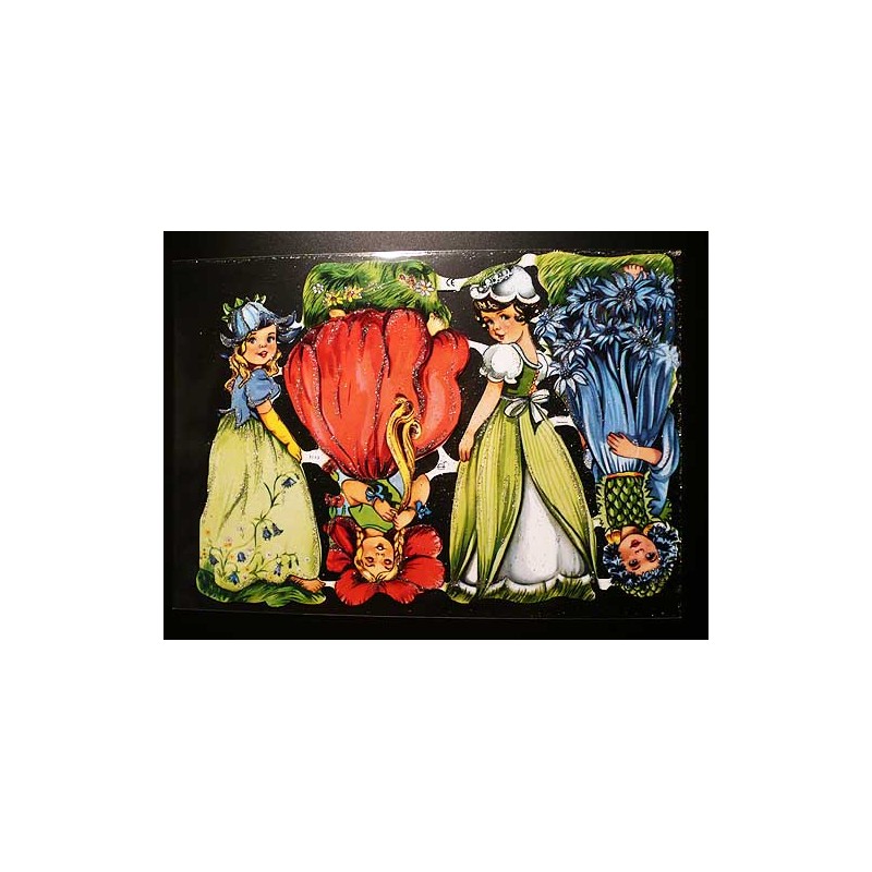 Lámina de cromos troquelados alemanes EF 7113 · Niñas con Vestidos Flor · Purpurina – Brillantina !