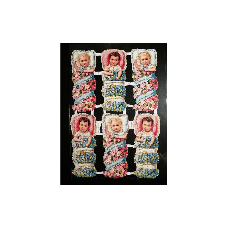 Lámina de cromos troquelados alemanes EF 7131 · Bebés con Flores · Purpurina – Brillantina !